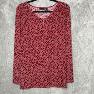 Tahari 1X Shirt Top Red Black Abstract Long Sleeve Keyhole V Neck Stretch Womens